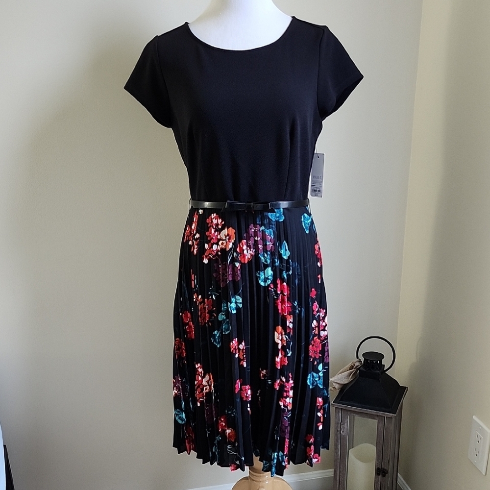 Elle Black Midi Dress with Floral Pleated Skirt Size Petite Large